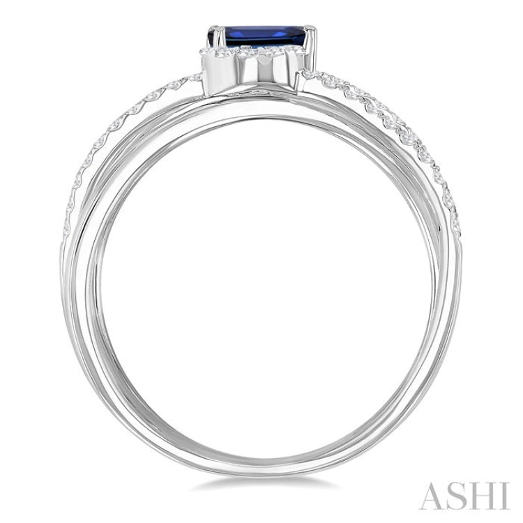 5x3 MM Emerald Shape Sapphire and 1/4 Ctw Round Cut Diamond Double Criss Cross Lovebright Precious Ring in 10K White Gold
