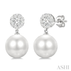 7 MM Cultured White Pearl and 1/4 Ctw Disc Top Lovebright Round Cut Diamond Fashion Earrings in 14K White Gold