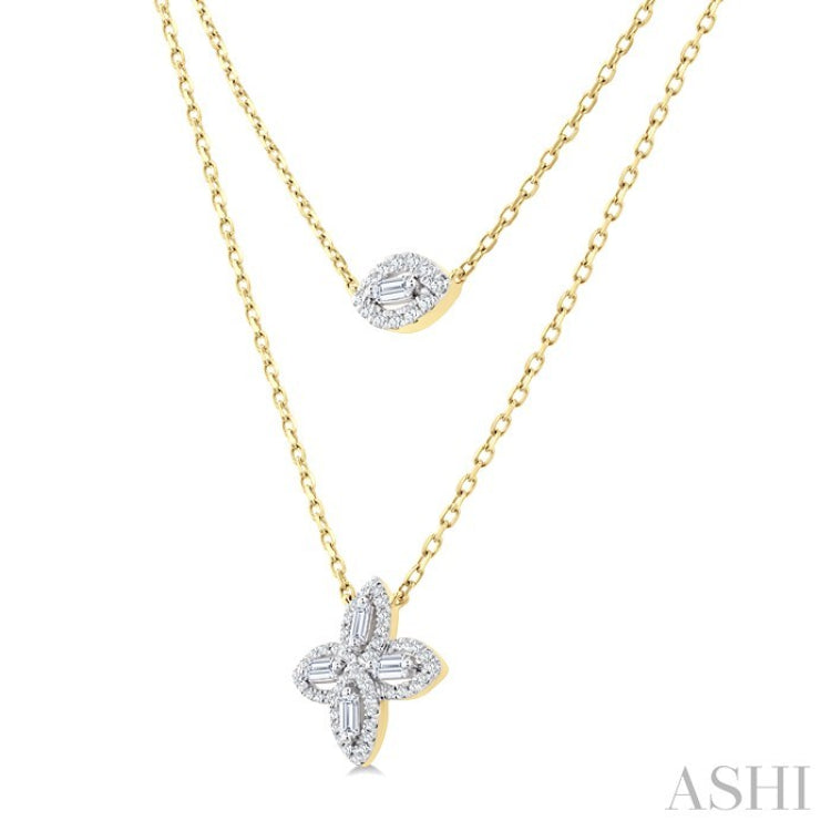 1/2 Ctw Floral Baguette and Round Cut Diamond Layered Fashion Necklace in 14K Yellow Gold