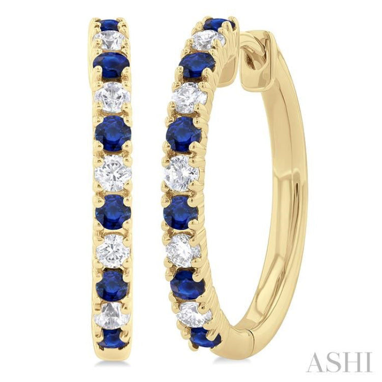 1.80 MM Round Shape Sapphire and 1/4 Ctw Round Cut Diamond Precious Hoop Earring in 10K Yellow Gold