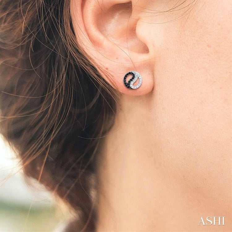 1/5 Ctw Petite Yin Yang Black & White Round Cut Diamond Fashion Stud Earring in 10K White Gold
