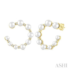2.8 - 4.5 MM Round Shape Cultured Pearls and 1/5 Ctw Graduated Round Cut Diamond Half Hoop Earring in 14K Yellow Gold