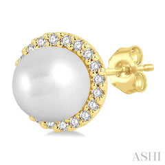 5.5 MM Round Shape Cultured Pearls and 1/8 Ctw Petite Round Cut Diamond Halo Fashion Stud Earring in 10K Yellow Gold