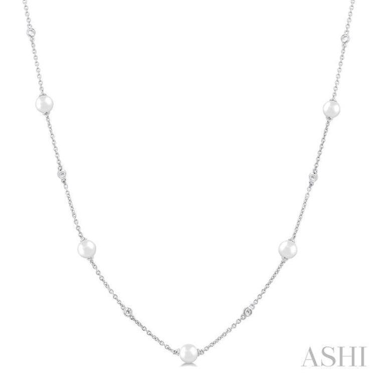 4 MM Round Shape Cultured Pearl and 1/6 Ctw Round Cut Diamond Station Necklace in 14K White Gold