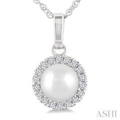 5 MM Cultured White Pearl and 1/20 Ctw Round Cut Diamond Halo Pendant With Chain in 10K White Gold
