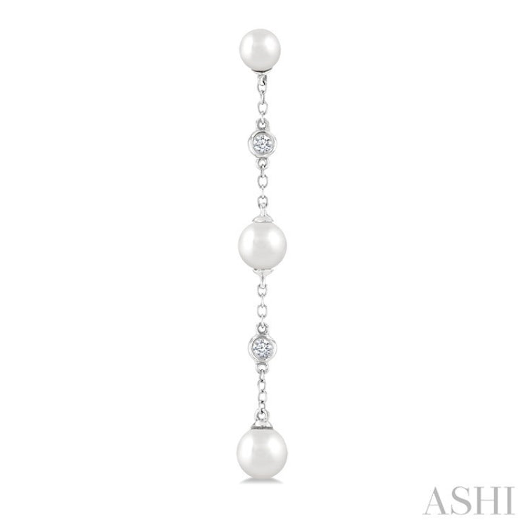 4 MM, 5 MM & 6 MM Round Shape Cultured Pearls and 1/10 Ctw Round Cut Diamond Station Long Earring in 14K White Gold