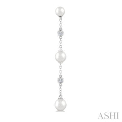 4 MM, 5 MM & 6 MM Round Shape Cultured Pearls and 1/10 Ctw Round Cut Diamond Station Long Earring in 14K White Gold