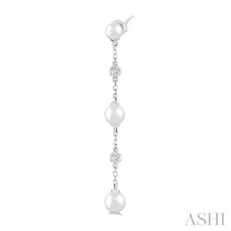 4 MM, 5 MM & 6 MM Round Shape Cultured Pearls and 1/10 Ctw Round Cut Diamond Station Long Earring in 14K White Gold