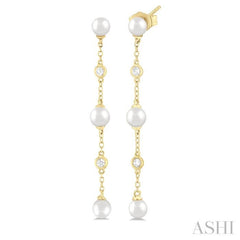 4 MM Round Shape Cultured Pearl and 1/20 Ctw Round Cut Diamond Station Long Earring in 14K Yellow Gold