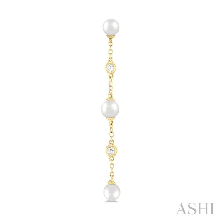 4 MM Round Shape Cultured Pearl and 1/20 Ctw Round Cut Diamond Station Long Earring in 14K Yellow Gold