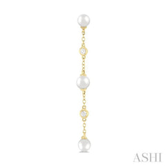 4 MM Round Shape Cultured Pearl and 1/20 Ctw Round Cut Diamond Station Long Earring in 14K Yellow Gold