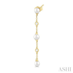 4 MM Round Shape Cultured Pearl and 1/20 Ctw Round Cut Diamond Station Long Earring in 14K Yellow Gold