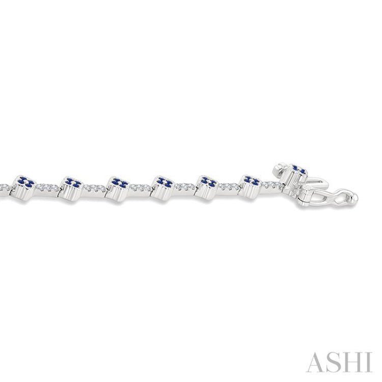1 MM Round Shape Sapphire and 1/2 Ctw Clover Leaf & Bar Link Round Cut Diamond Precious Bracelet in 14K White Gold