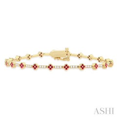 1 MM Round Shape Ruby and 1/2 Ctw Clover Leaf & Bar Link Round Cut Diamond Precious Bracelet in 14K Yellow Gold