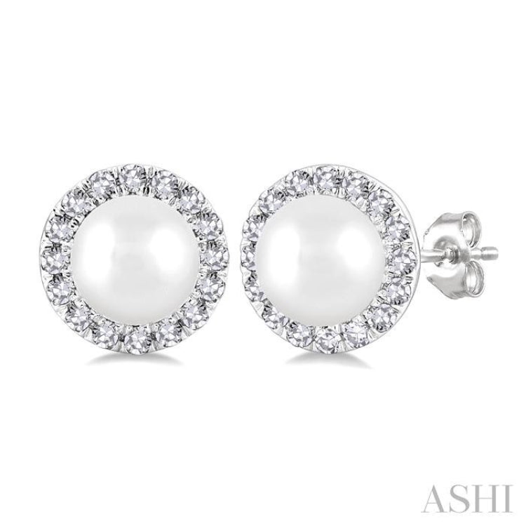 4.5 MM White Cultured Pearl and 1/8 Ctw Round Cut Diamond Halo Stud Earrings in 10K White Gold