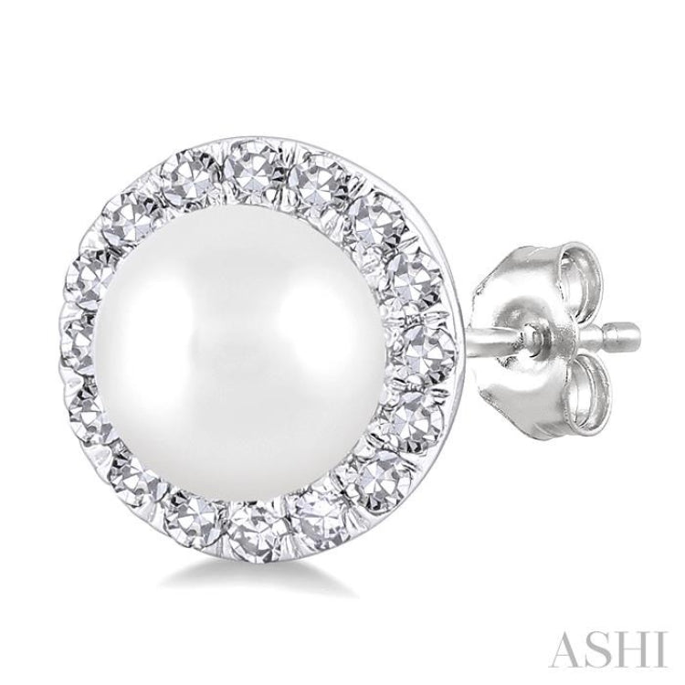 4.5 MM White Cultured Pearl and 1/8 Ctw Round Cut Diamond Halo Stud Earrings in 10K White Gold