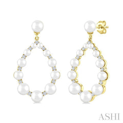 2 MM-4.5 MM Drop Tear Round Shape Cultured Pearls and 1/4 Ctw Round Cut Diamond Fashion Earring in 14K Yellow Gold