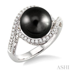 11 MM Black Cultured Pearl and 1/3 Ctw Round Cut Diamond Ring in 14K White Gold