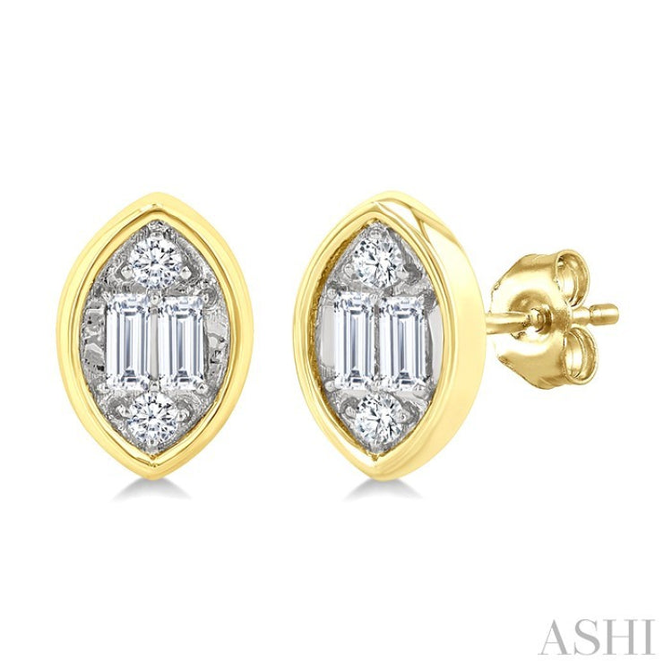 1/5 Ctw Petite Bezel Set Marquise Shape Fusion Baguette and Round Cut Diamond Fashion Stud Earring in 10K Yellow Gold