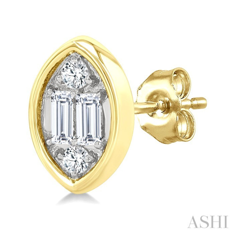 1/5 Ctw Petite Bezel Set Marquise Shape Fusion Baguette and Round Cut Diamond Fashion Stud Earring in 10K Yellow Gold