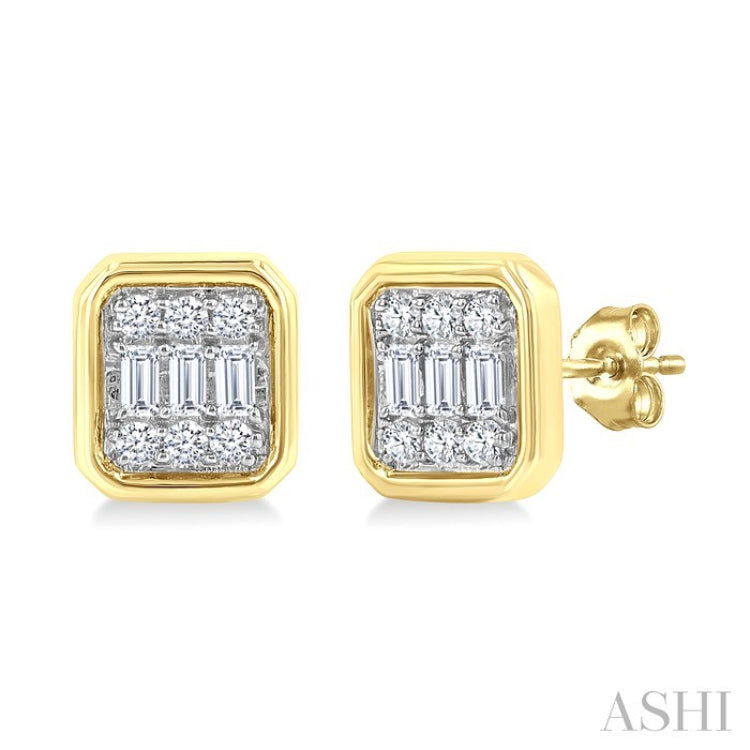 1/5 Ctw Petite Bezel Set Emerald Shape Fusion Baguette and Round Cut Diamond Fashion Stud Earring in 10K Yellow Gold