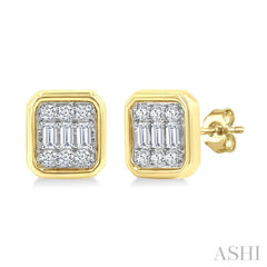 1/5 Ctw Petite Bezel Set Emerald Shape Fusion Baguette and Round Cut Diamond Fashion Stud Earring in 10K Yellow Gold