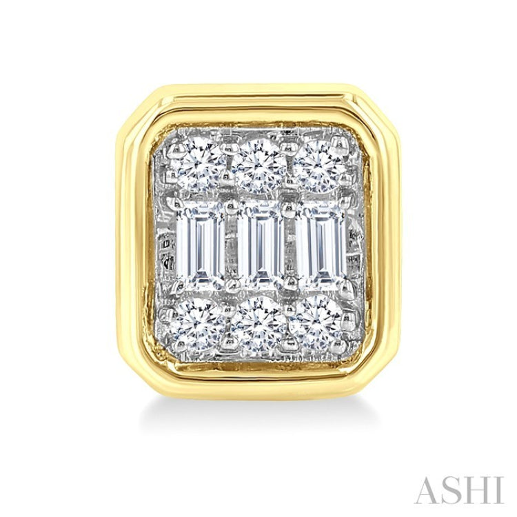 1/5 Ctw Petite Bezel Set Emerald Shape Fusion Baguette and Round Cut Diamond Fashion Stud Earring in 10K Yellow Gold