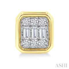 1/5 Ctw Petite Bezel Set Emerald Shape Fusion Baguette and Round Cut Diamond Fashion Stud Earring in 10K Yellow Gold