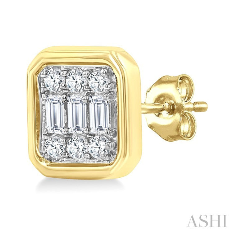 1/5 Ctw Petite Bezel Set Emerald Shape Fusion Baguette and Round Cut Diamond Fashion Stud Earring in 10K Yellow Gold