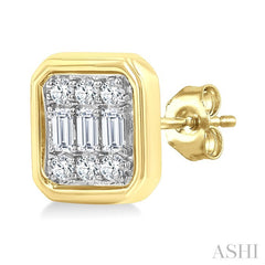 1/5 Ctw Petite Bezel Set Emerald Shape Fusion Baguette and Round Cut Diamond Fashion Stud Earring in 10K Yellow Gold