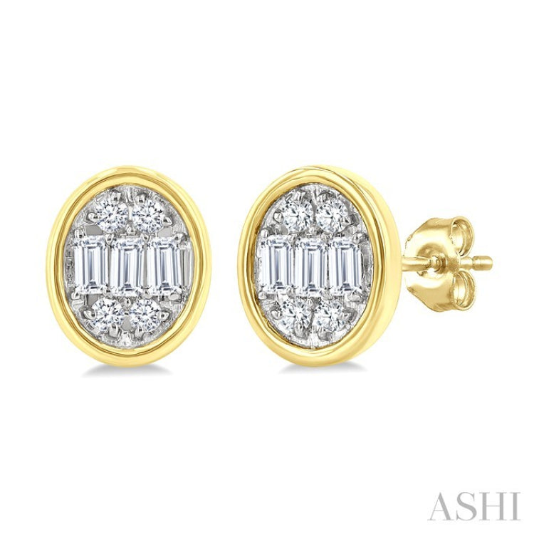 1/5 Ctw Petite Bezel Set Oval Shape Fusion Baguette and Round Cut Diamond Fashion Stud Earring in 10K Yellow Gold