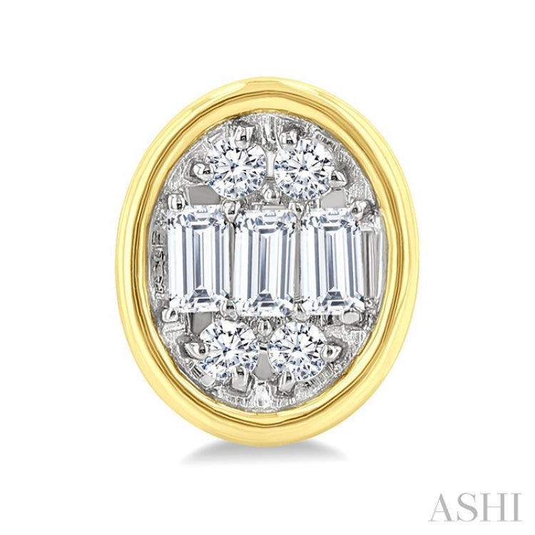 1/5 Ctw Petite Bezel Set Oval Shape Fusion Baguette and Round Cut Diamond Fashion Stud Earring in 10K Yellow Gold
