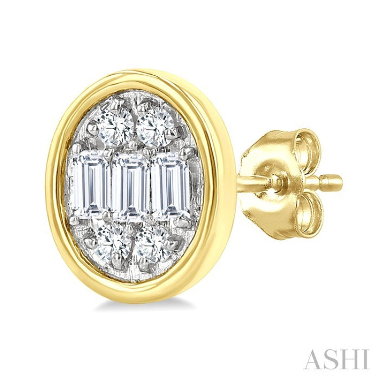 1/5 Ctw Petite Bezel Set Oval Shape Fusion Baguette and Round Cut Diamond Fashion Stud Earring in 10K Yellow Gold