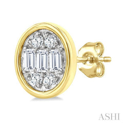 1/5 Ctw Petite Bezel Set Oval Shape Fusion Baguette and Round Cut Diamond Fashion Stud Earring in 10K Yellow Gold