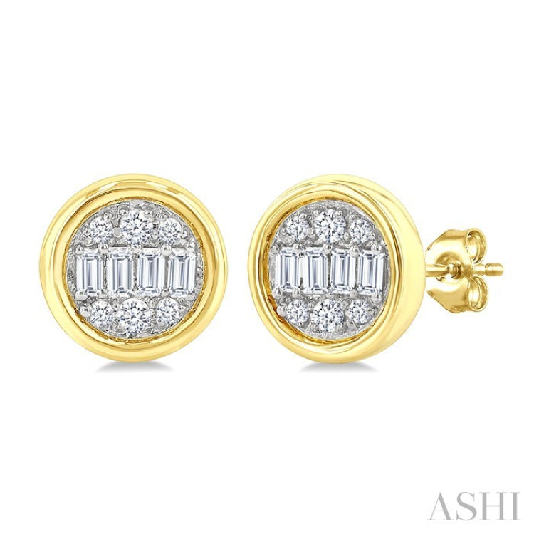 1/5 Ctw Petite Bezel Set Round Shape Fusion Baguette and Round Cut Diamond Fashion Stud Earring in 10K Yellow Gold