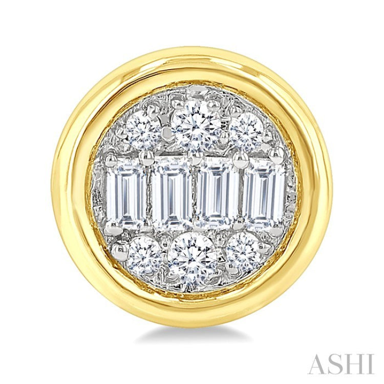1/5 Ctw Petite Bezel Set Round Shape Fusion Baguette and Round Cut Diamond Fashion Stud Earring in 10K Yellow Gold