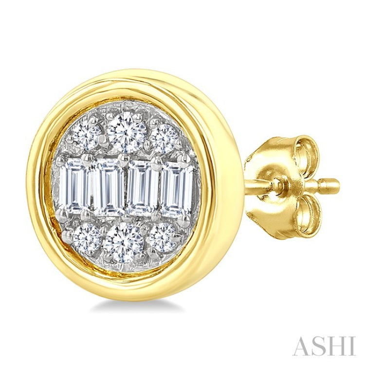 1/5 Ctw Petite Bezel Set Round Shape Fusion Baguette and Round Cut Diamond Fashion Stud Earring in 10K Yellow Gold