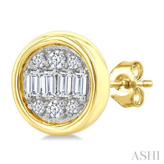 1/5 Ctw Petite Bezel Set Round Shape Fusion Baguette and Round Cut Diamond Fashion Stud Earring in 10K Yellow Gold
