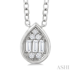 1/6 Ctw Petite Bezel Set Pear Shape Fusion Baguette and Round Cut Diamond Fashion Pendant With Chain in 10K White Gold