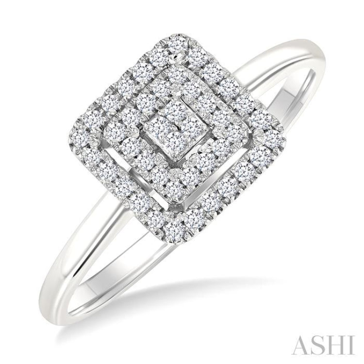 1/6 Ctw Double Halo Square Shape Petite Round Cut Diamond Fashion Ring in 10K White Gold