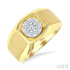 1/2 Ctw Basin Nestled Circular Mount Lovebright Round Cut Diamond Men's Ring in 10K Yellow and White Gold