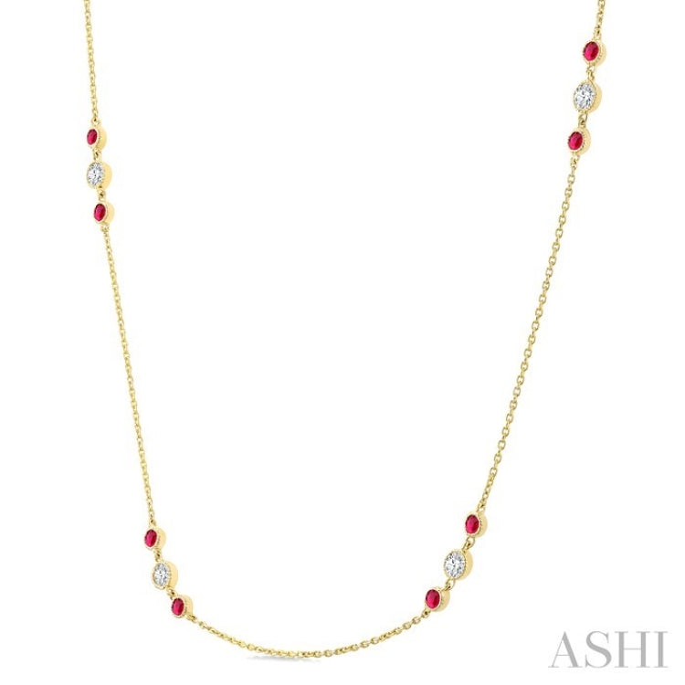 2.25 MM Ruby and 1/2 Ctw Round Cut Diamond Precious Station Necklace in 14K Yellow Gold