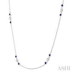 2.25 MM Sapphire and 1/2 Ctw Round Cut Diamond Precious Station Necklace in 14K White Gold