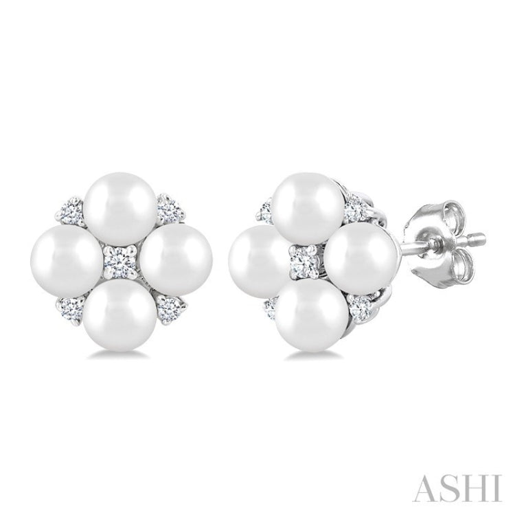 3 MM Floral Round Shape Cultured Pearl and 1/20 Ctw Round Cut Diamond Fashion Stud Earring in 10K White Gold
