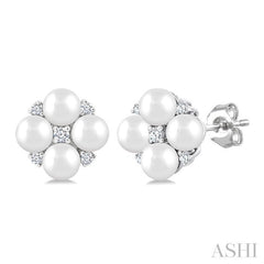 3 MM Floral Round Shape Cultured Pearl and 1/20 Ctw Round Cut Diamond Fashion Stud Earring in 10K White Gold