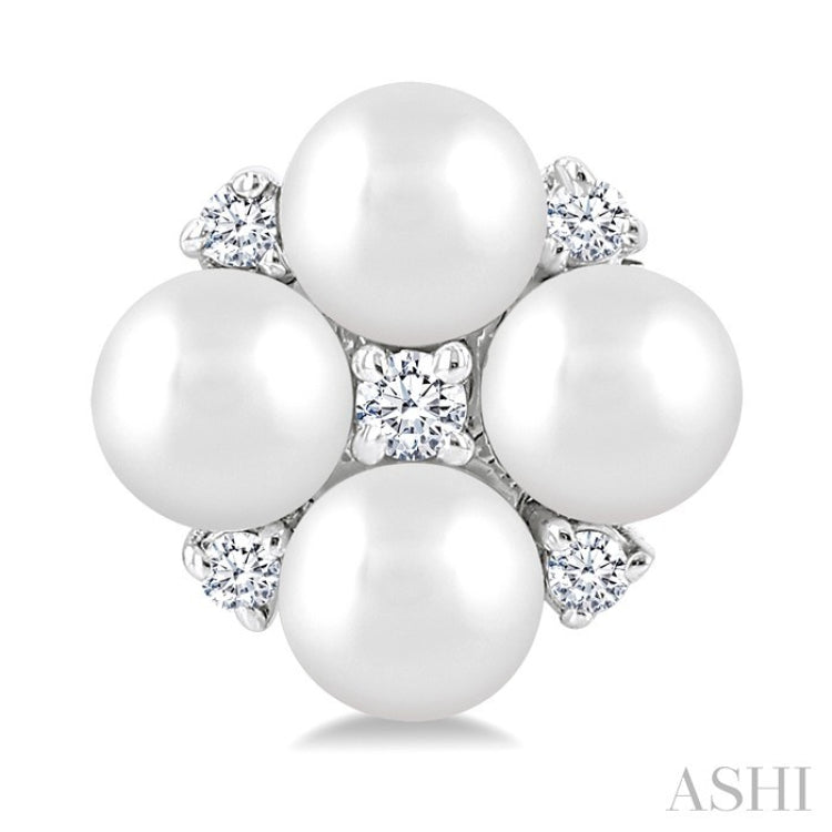 3 MM Floral Round Shape Cultured Pearl and 1/20 Ctw Round Cut Diamond Fashion Stud Earring in 10K White Gold