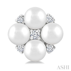 3 MM Floral Round Shape Cultured Pearl and 1/20 Ctw Round Cut Diamond Fashion Stud Earring in 10K White Gold