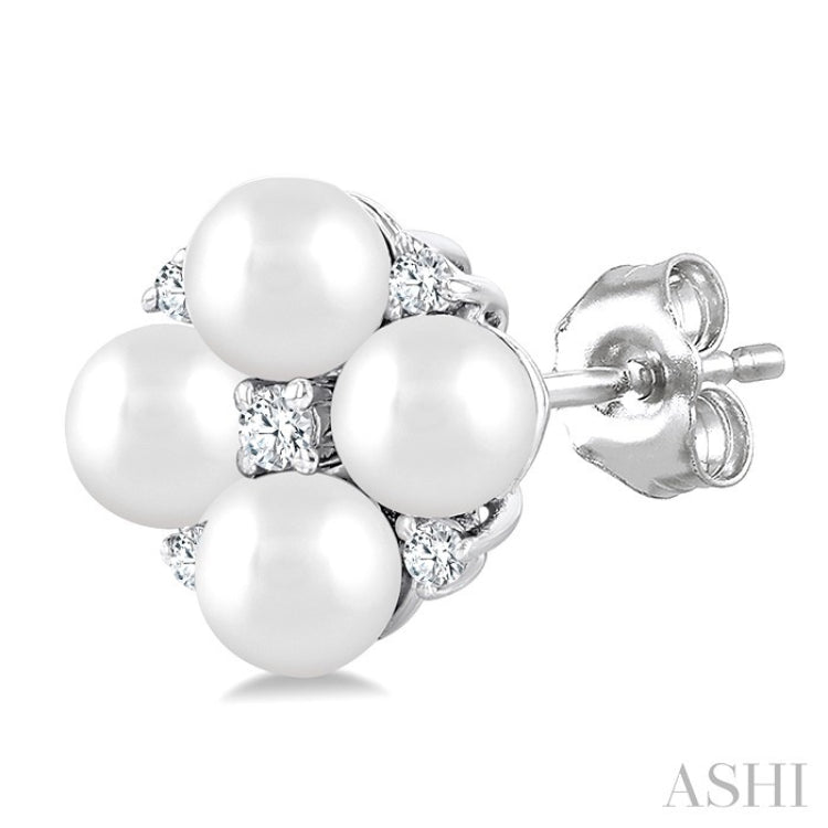 3 MM Floral Round Shape Cultured Pearl and 1/20 Ctw Round Cut Diamond Fashion Stud Earring in 10K White Gold