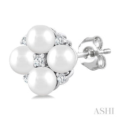 3 MM Floral Round Shape Cultured Pearl and 1/20 Ctw Round Cut Diamond Fashion Stud Earring in 10K White Gold
