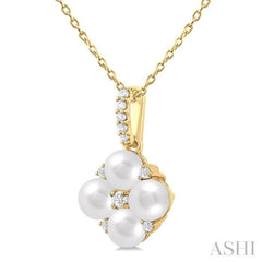 4 MM Floral Round Shape Cultured Pearl and 1/10 Ctw Round Cut Diamond Fashion Pendant With Chain in 10K Yellow Gold